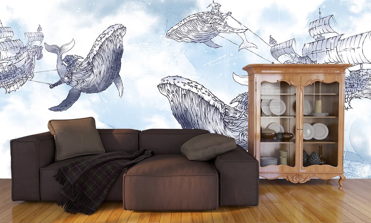 Celestial Whale Sketch Wallpaper shown in a room