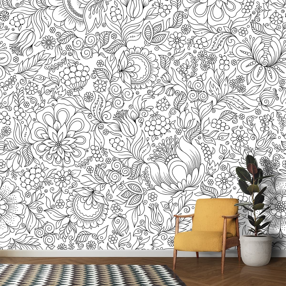 Stylish Botanical Flower Pattern Wall Design wallpaper shown in a room