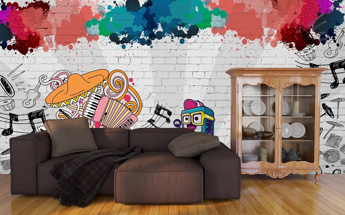 Vibrant Cartoon Doodles Wall Design wallpaper shown in a room