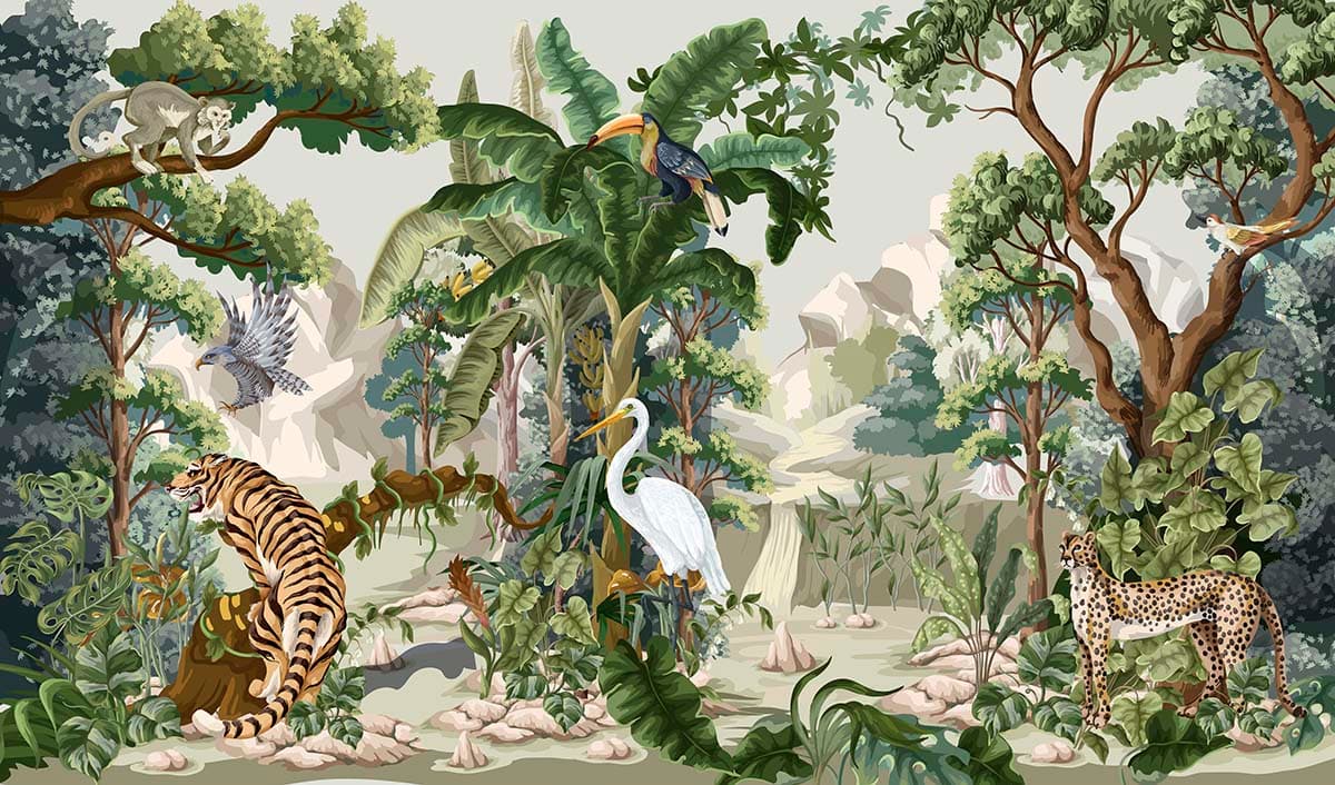 Exotic Jungle Scene Tiger with Birds Wallpaper pattern detail