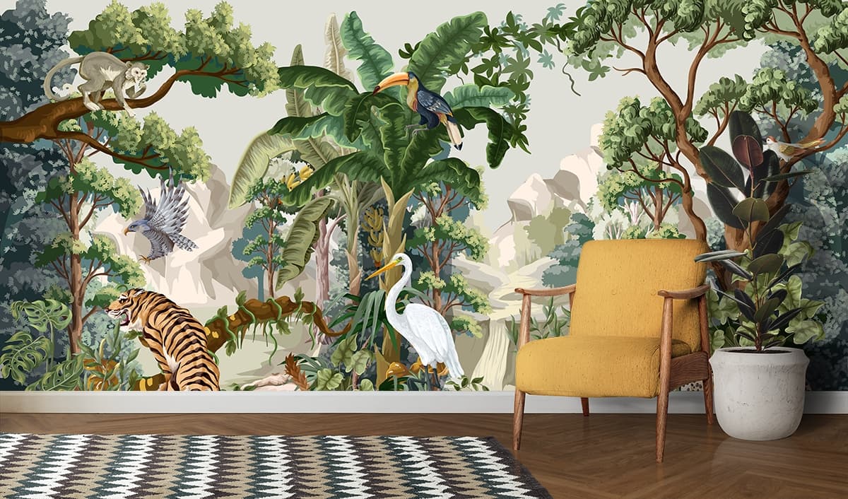 Exotic Jungle Scene Tiger with Birds Wallpaper shown in a room