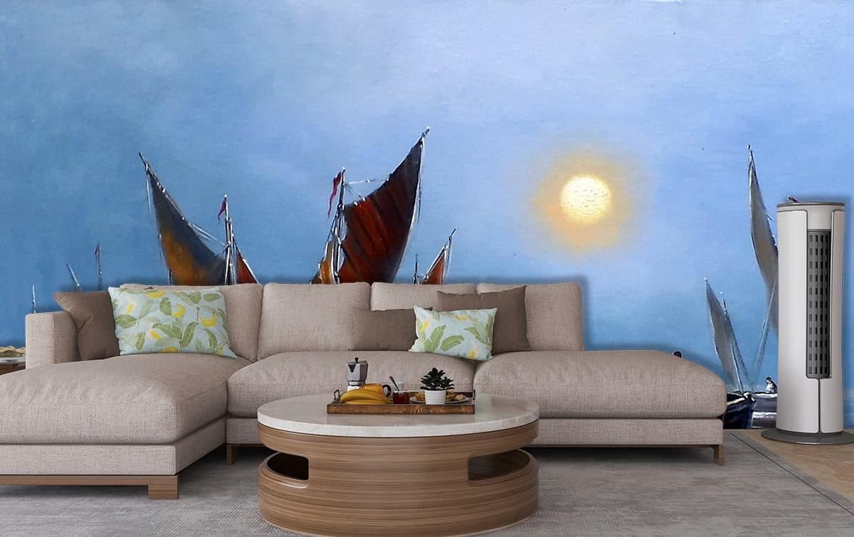 Ocean Scenery Painting Wallpaper shown in a room