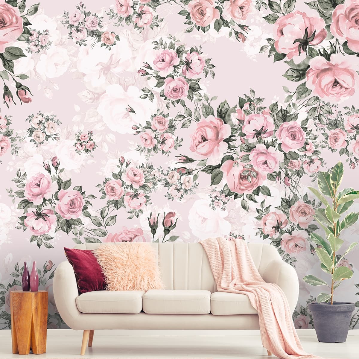 Elegant Pink and White Flower Pattern Wallpaper shown in a room