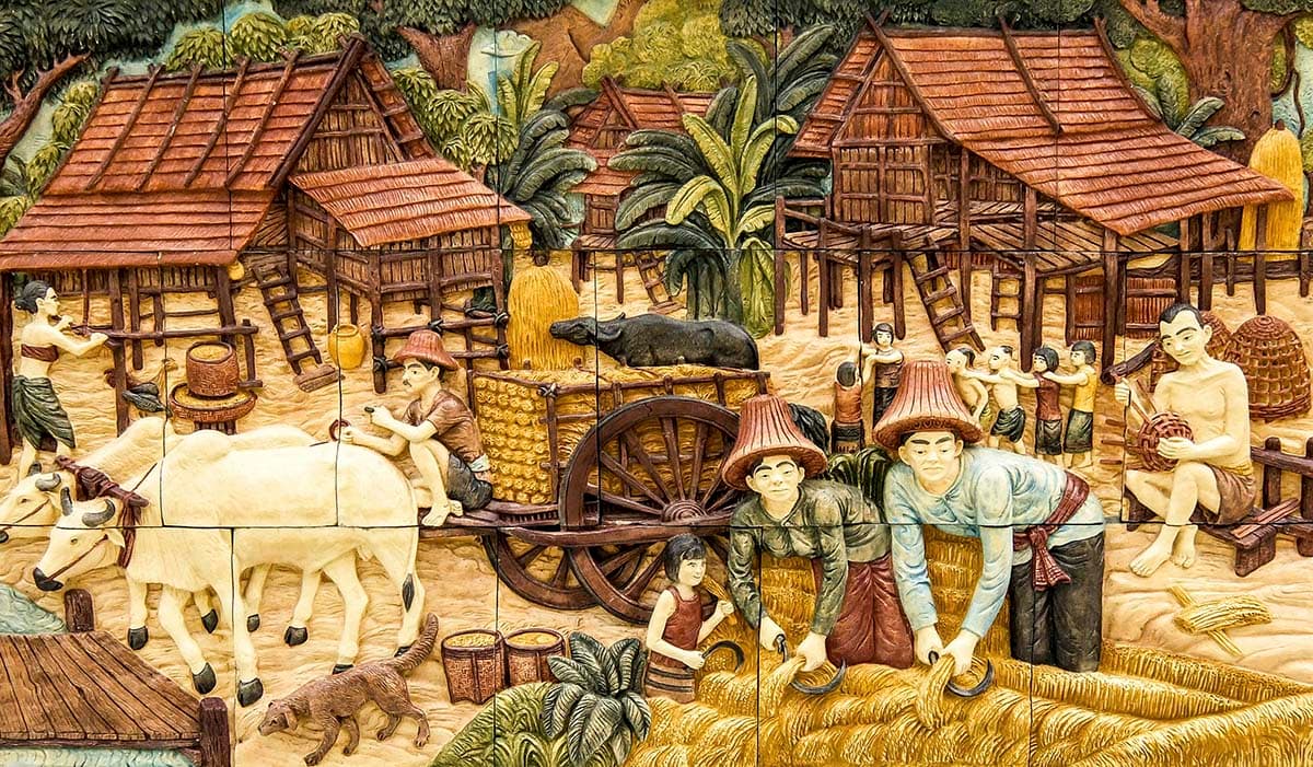 Rural Farming Scene with People Wall Mural Wallpaper pattern detail