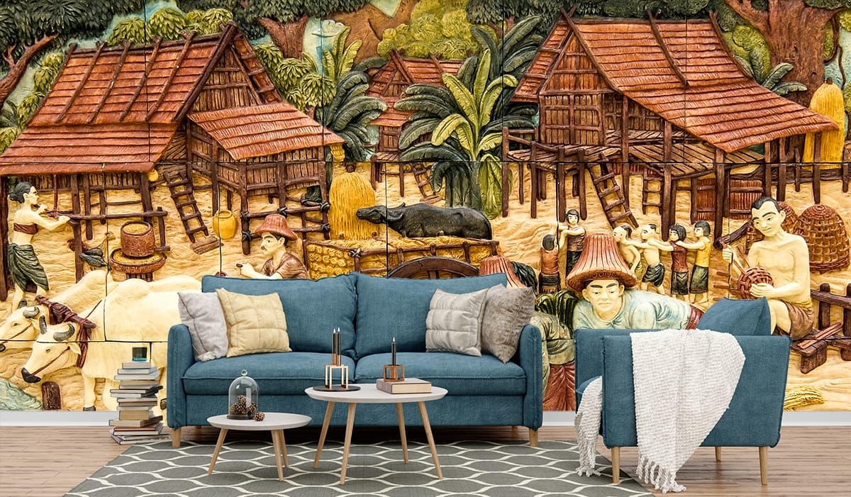 Rural Farming Scene with People Wall Mural Wallpaper shown in a room
