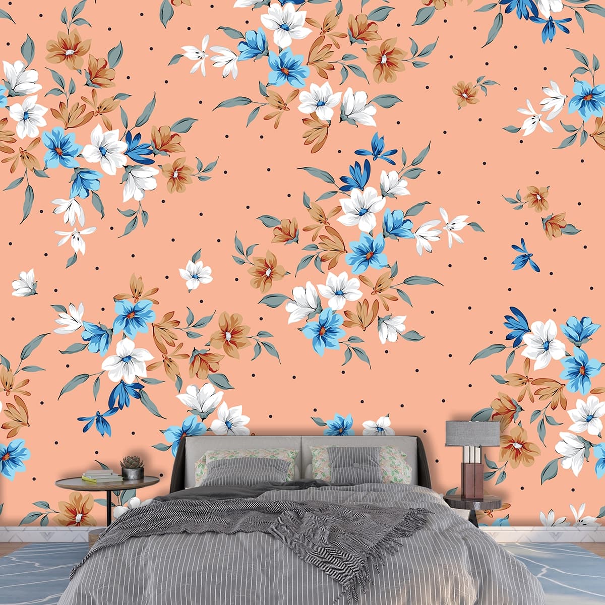White and Blue Floral Wallpaper Mural shown in a room
