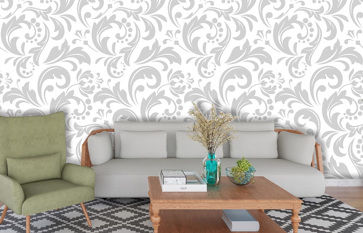 Decorative White Grey Floral Botanical Pattern Wallpaper shown in a room