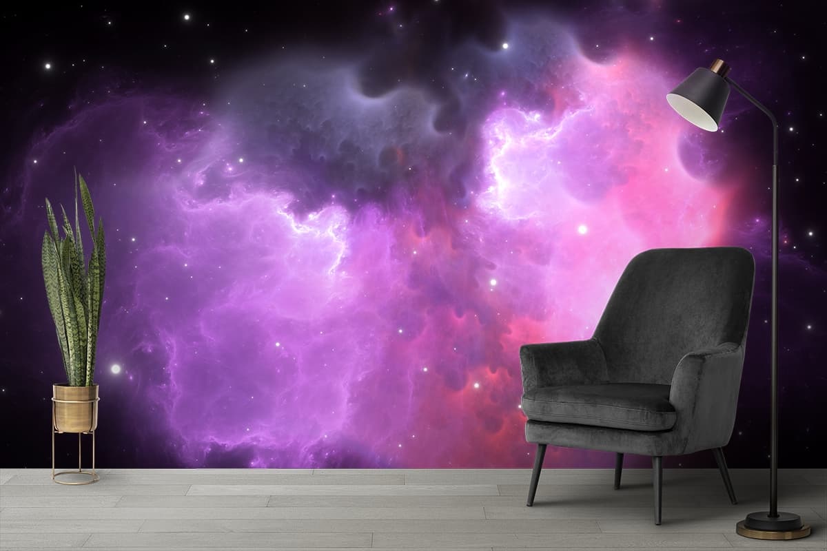 Premium Purple Pink Clouds Star Design Wallpaper shown in a room