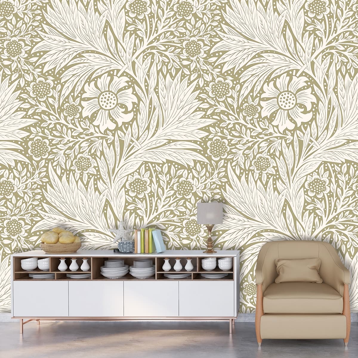 Classic floral leaf pattern with elegant vintage charm wallpaper shown in a room