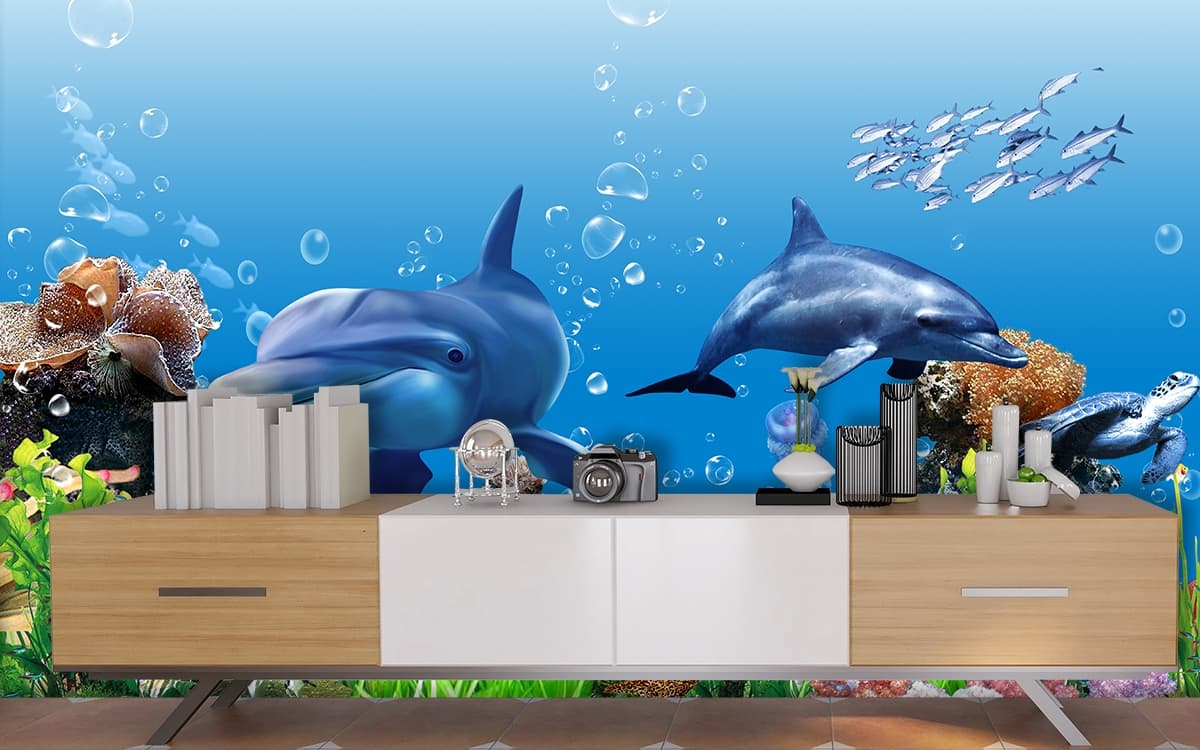 Realistic Dolphin Reef Wallpaper shown in a room