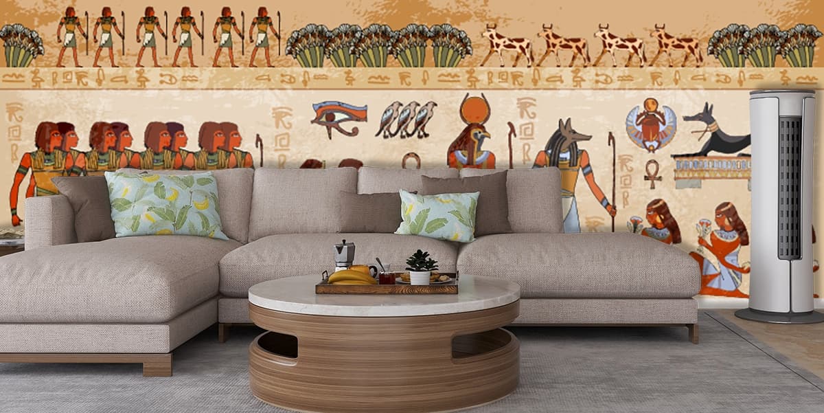 Ancient Egyptian Gods and People Heritage Art Wallpaper shown in a room