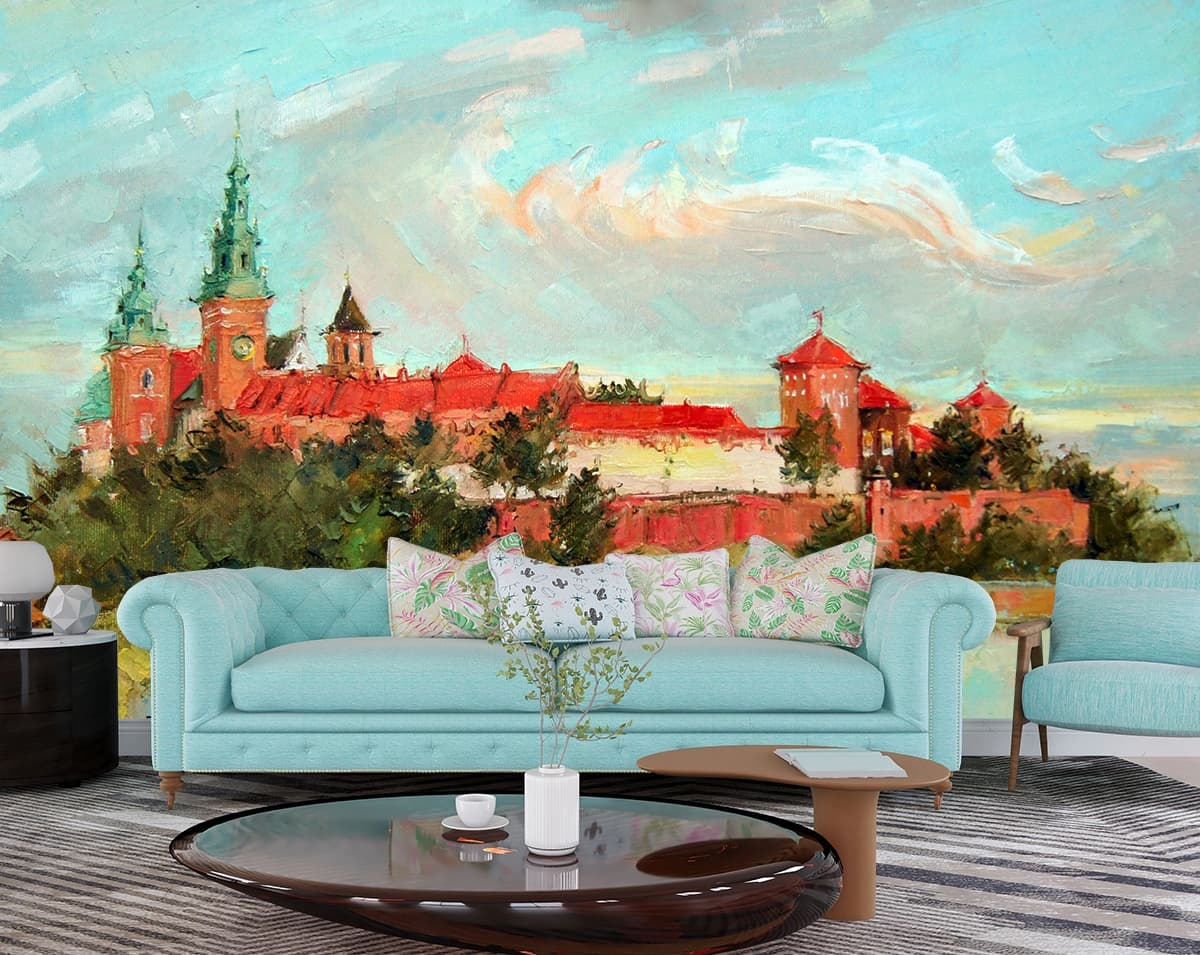 Vintage Style Castle Landscape Mural Wallpaper shown in a room