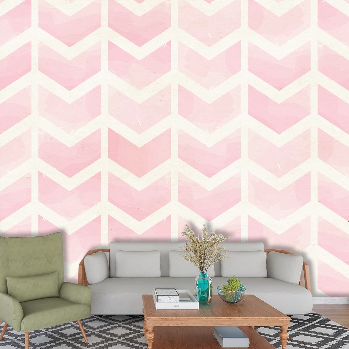 Sleek Pink Chevron Stripe Wallpaper shown in a room