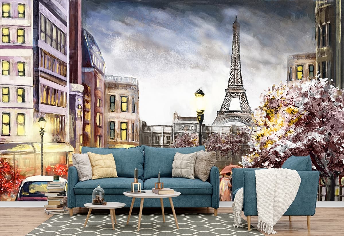 Elegant Spring Season City Street Design Wallpaper shown in a room