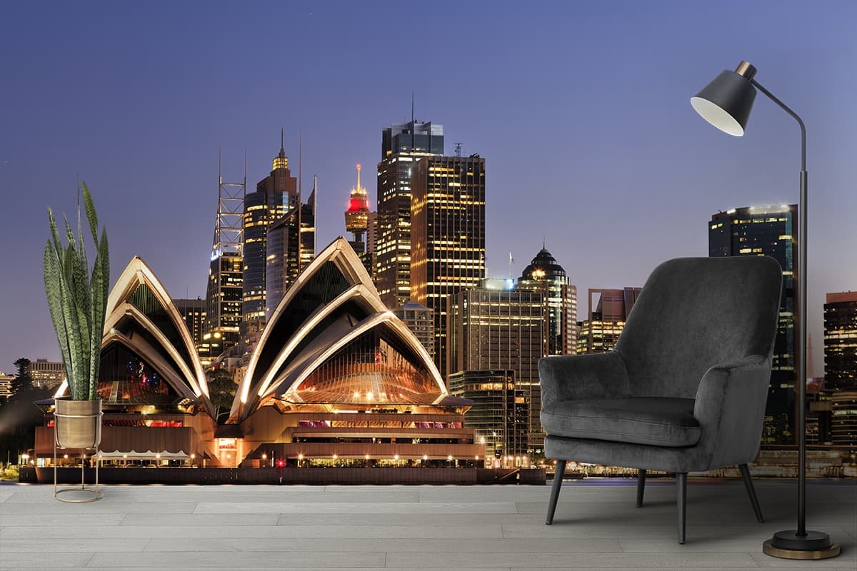 Modern city skyline with water reflection view wallpaper shown in a room
