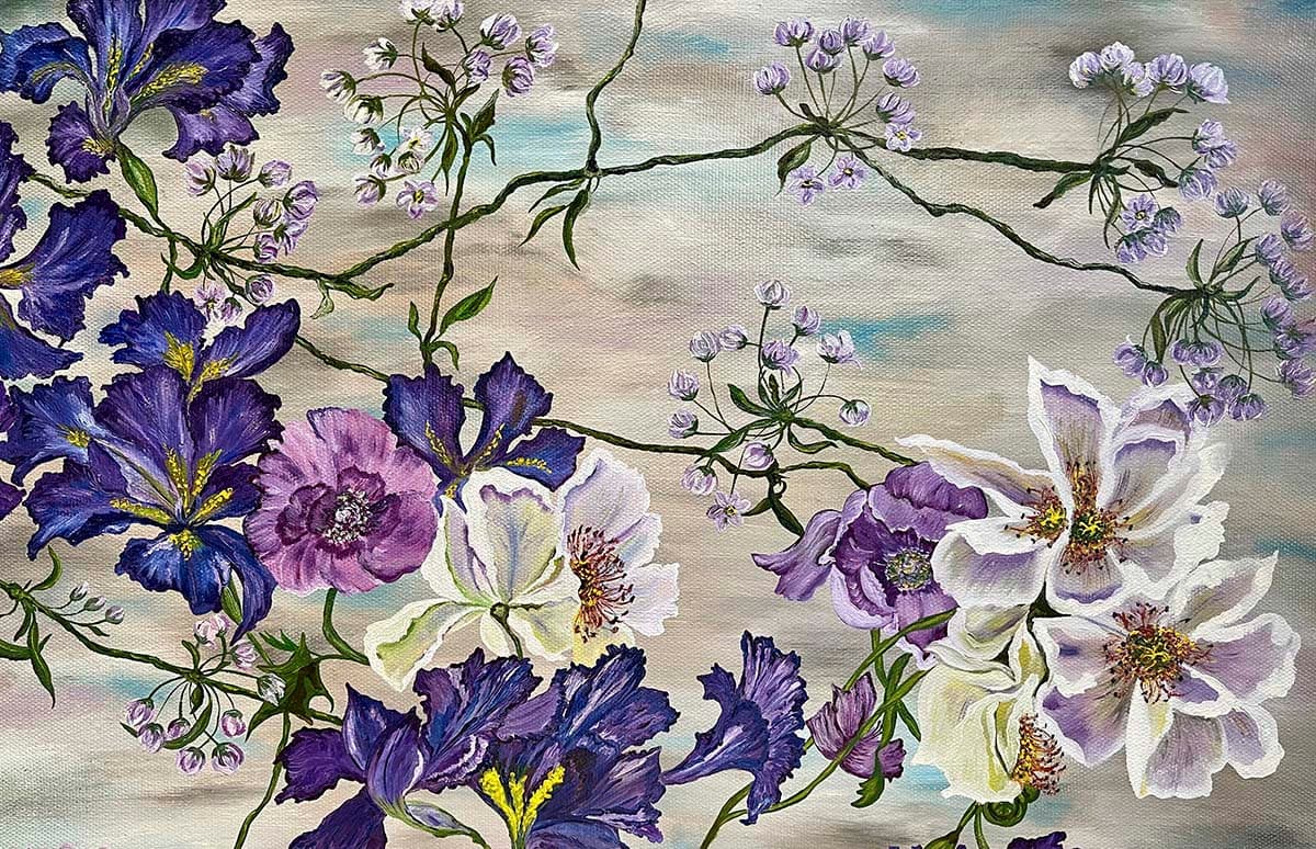 Premium Canvas Style Flower Painting Wallpaper pattern detail
