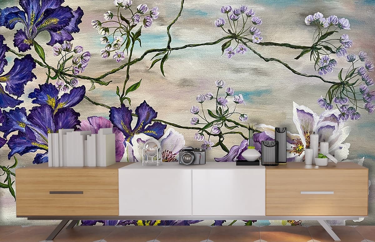 Premium Canvas Style Flower Painting Wallpaper shown in a room