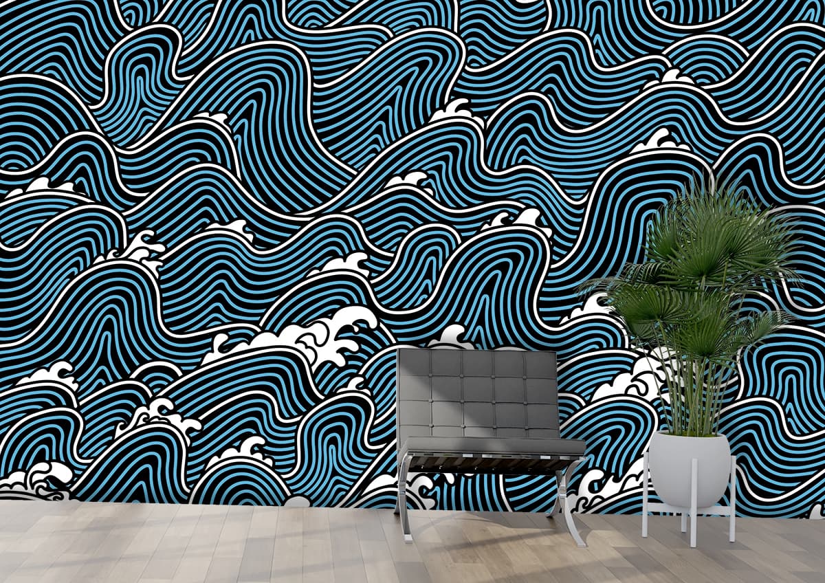 A blue and white pattern with waves shown in a room