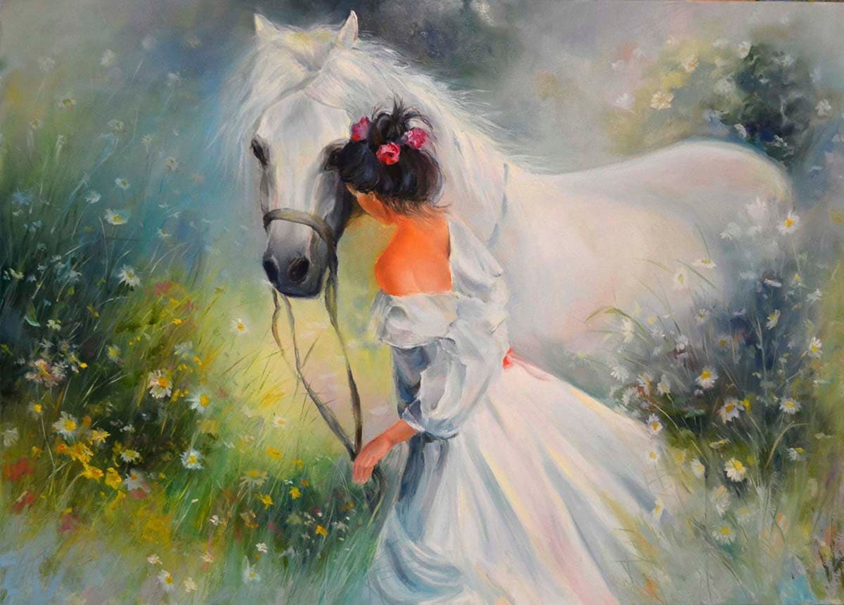 Elegant Woman and Horse Vintage Art Painting Wallpaper pattern detail