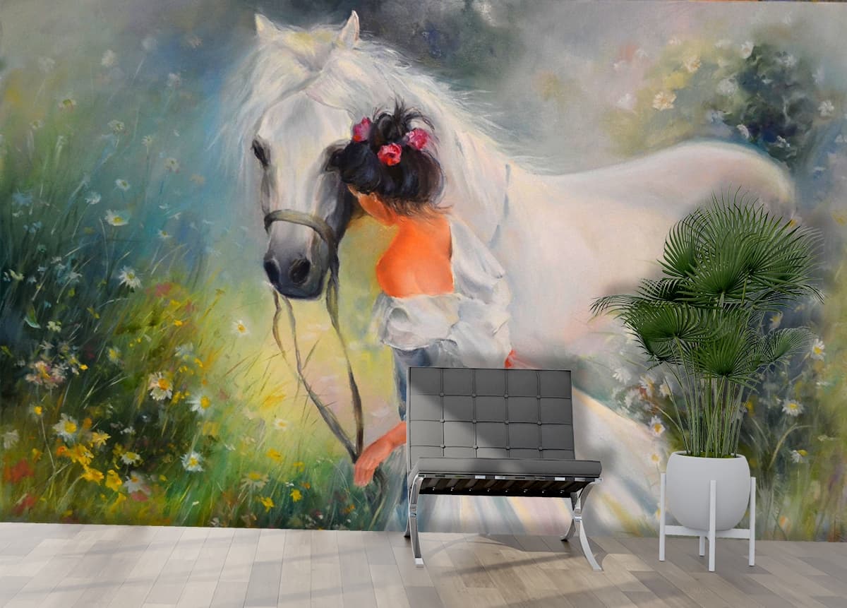 Elegant Woman and Horse Vintage Art Painting Wallpaper shown in a room