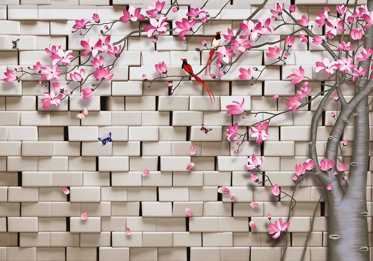 Pink Blossom Tree with Butterflies Scenic Wallpaper pattern detail