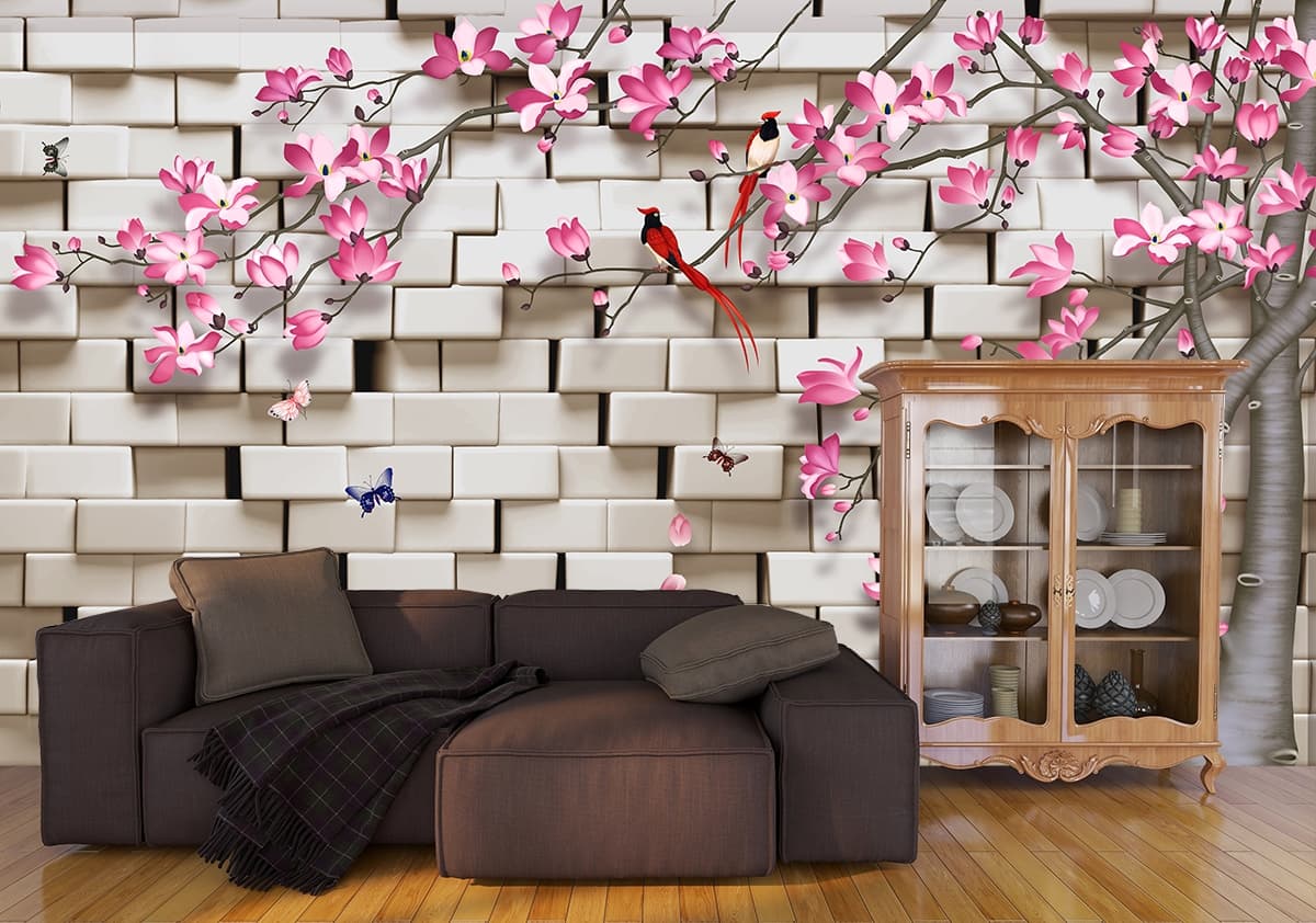 Pink Blossom Tree with Butterflies Scenic Wallpaper shown in a room