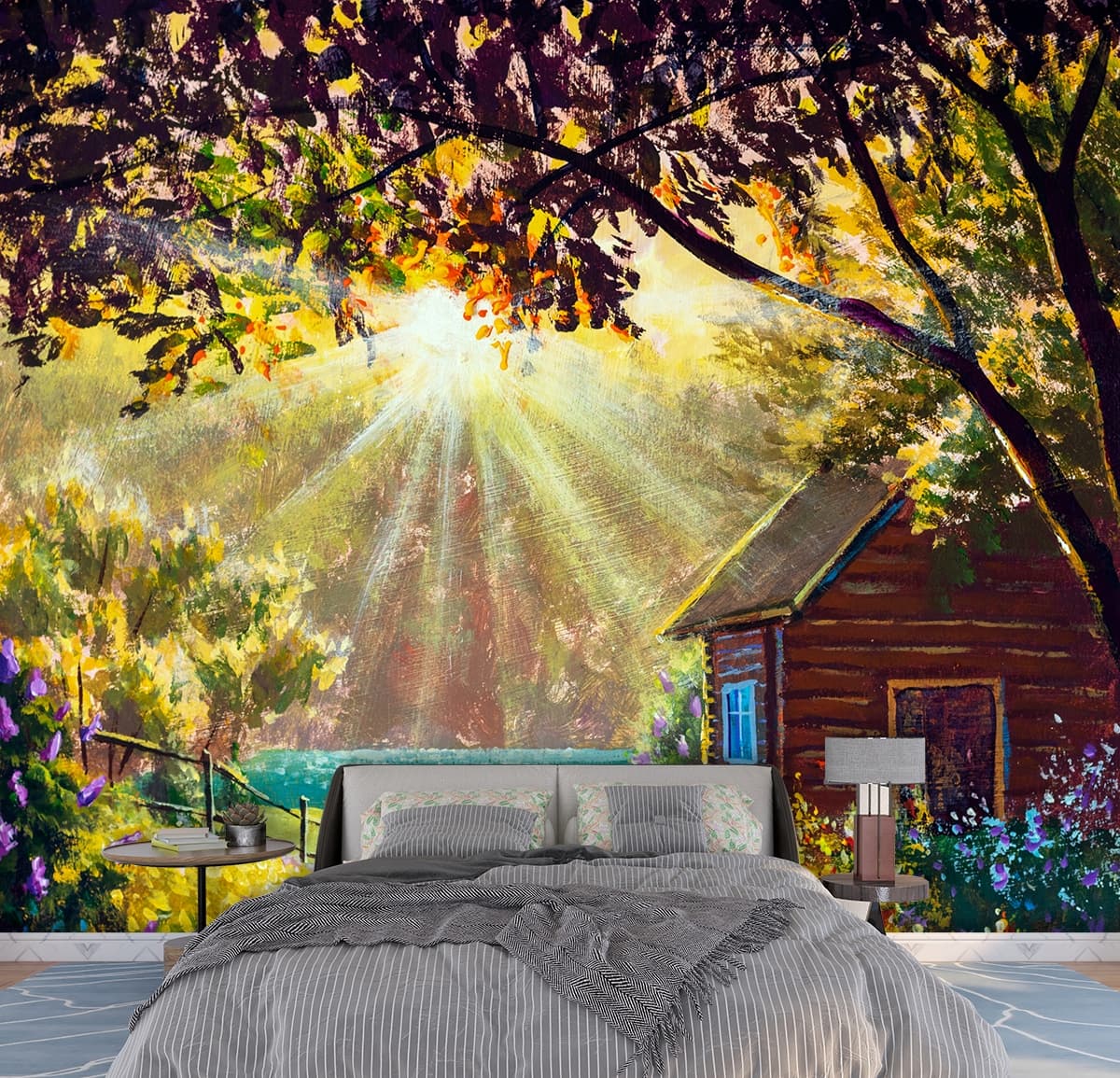 A house in a forest with a path leading to the water shown in a room
