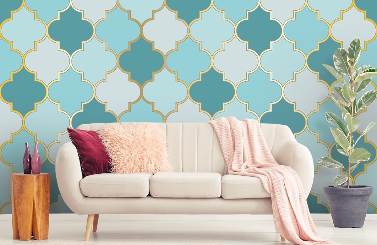 A Pattern of Blue and White Quatrefoil Tiles Moroccan Style Wallpaper shown in a room