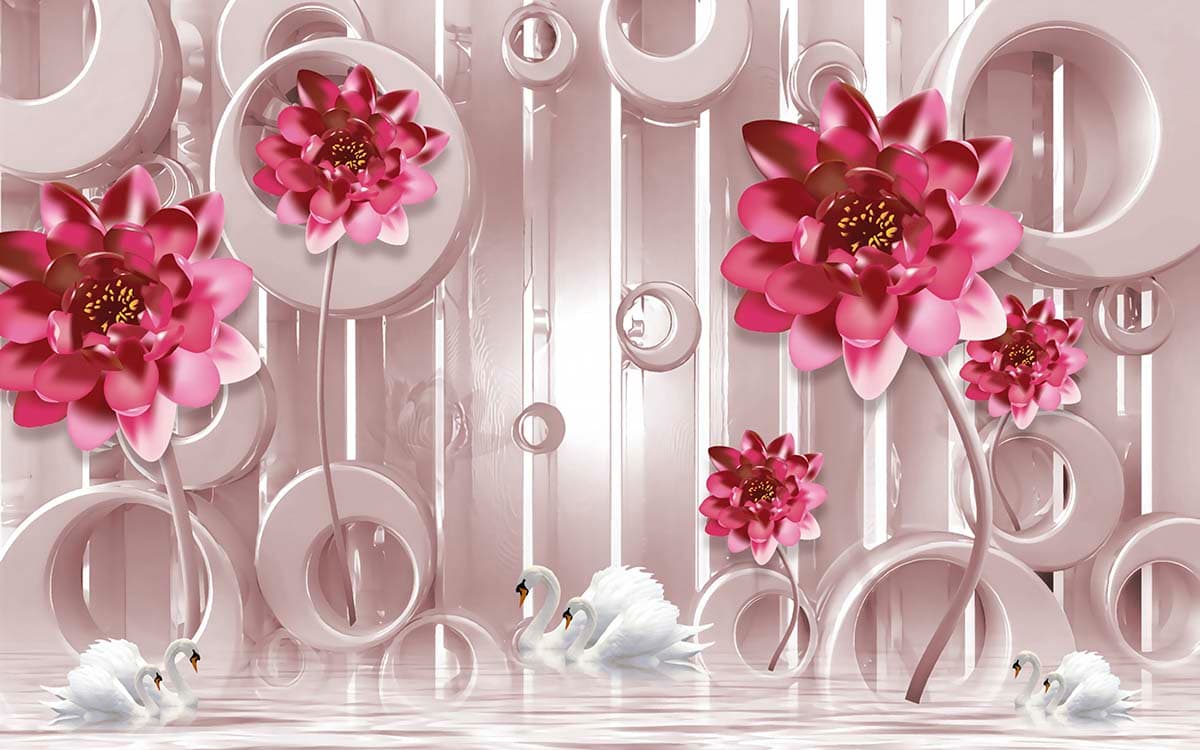 A swan swimming in water with pink flowers pattern detail