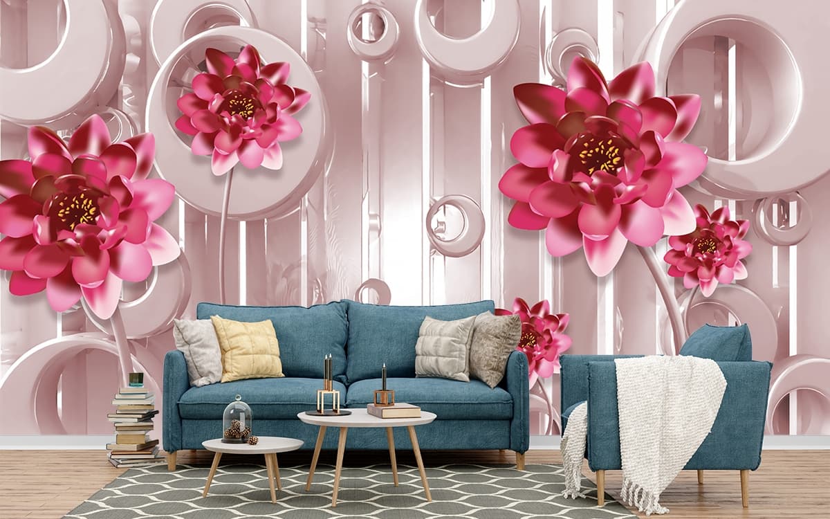A swan swimming in water with pink flowers shown in a room