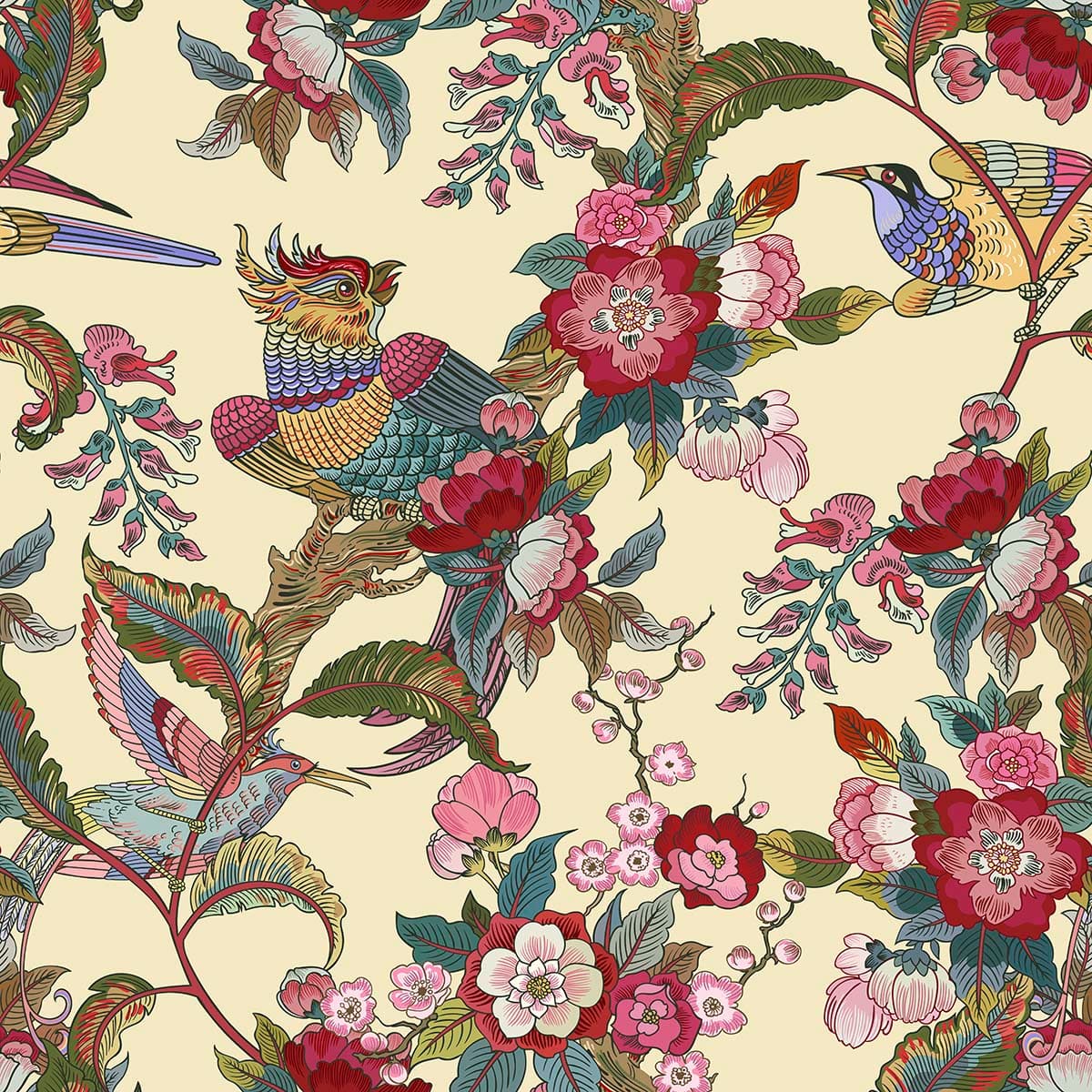 Red Flowers Chinoiserie Art Wallpaper pattern detail