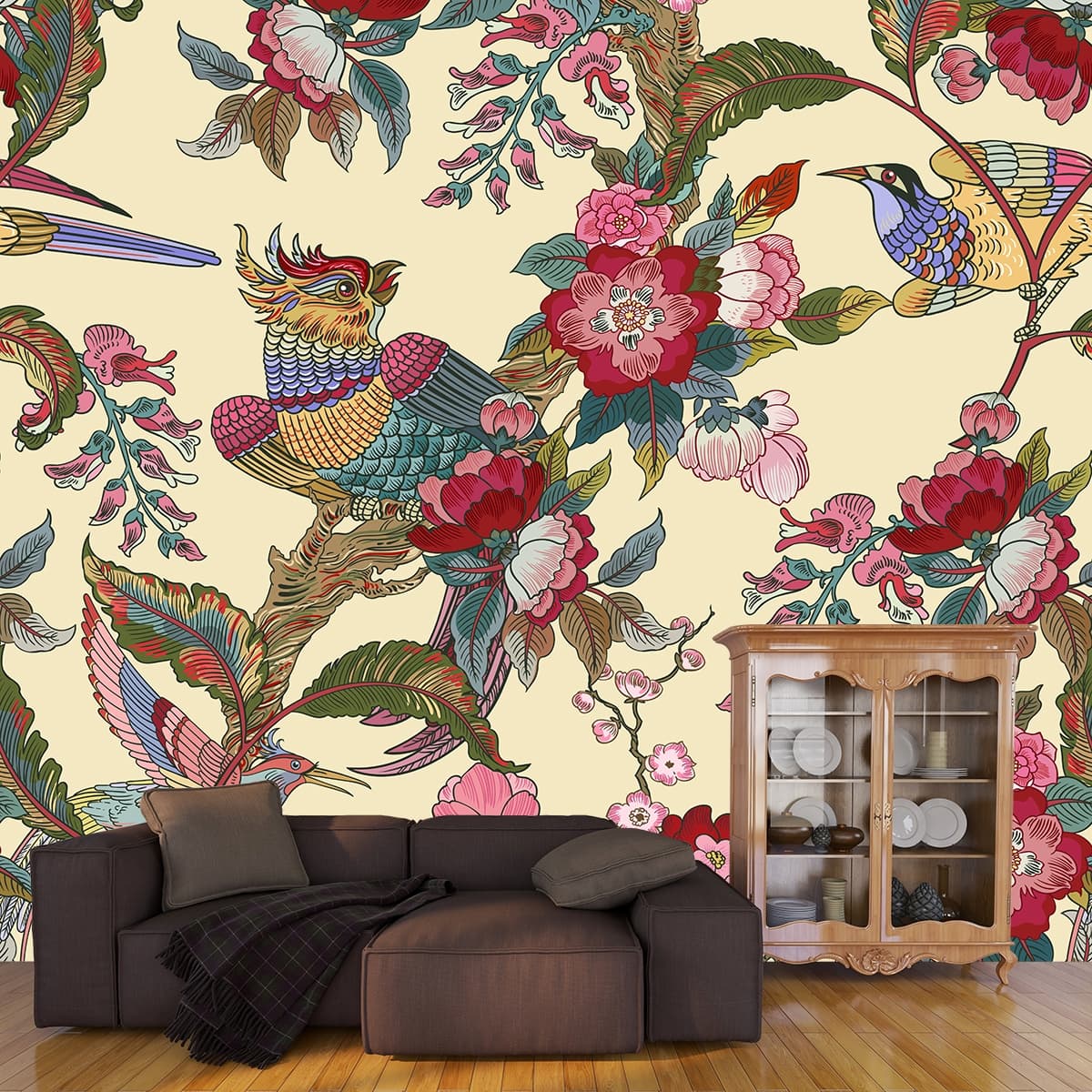 Red Flowers Chinoiserie Art Wallpaper shown in a room