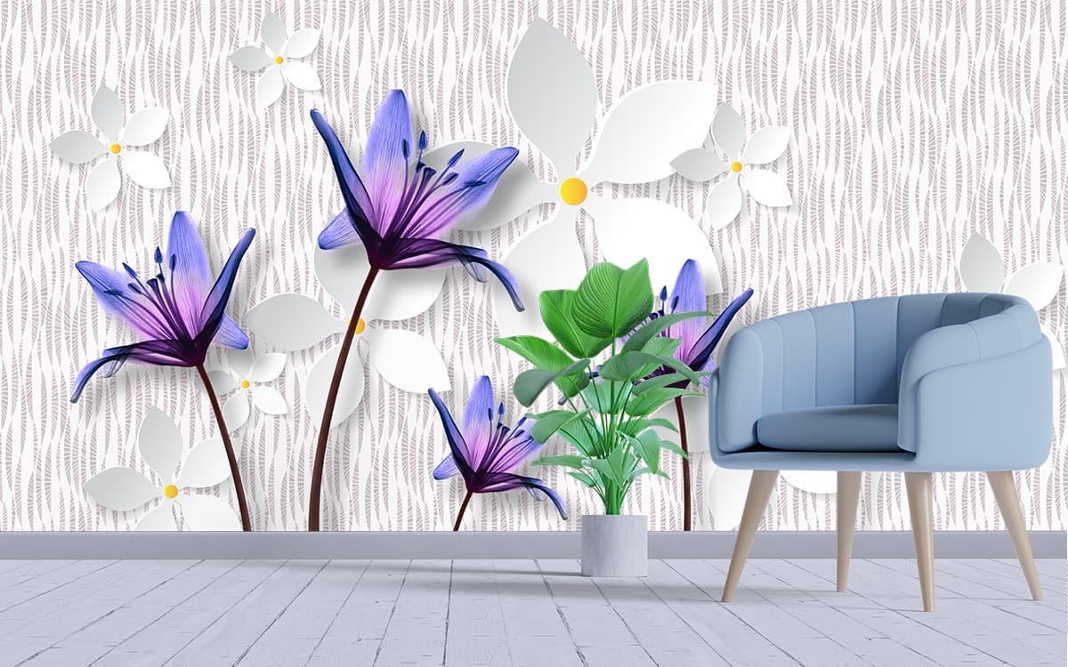 Vibrant Purple and White Flowers Mural Wallpaper shown in a room