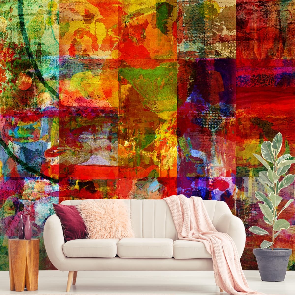 Creative Painted Patchwork Style Art Wall Wallpaper shown in a room