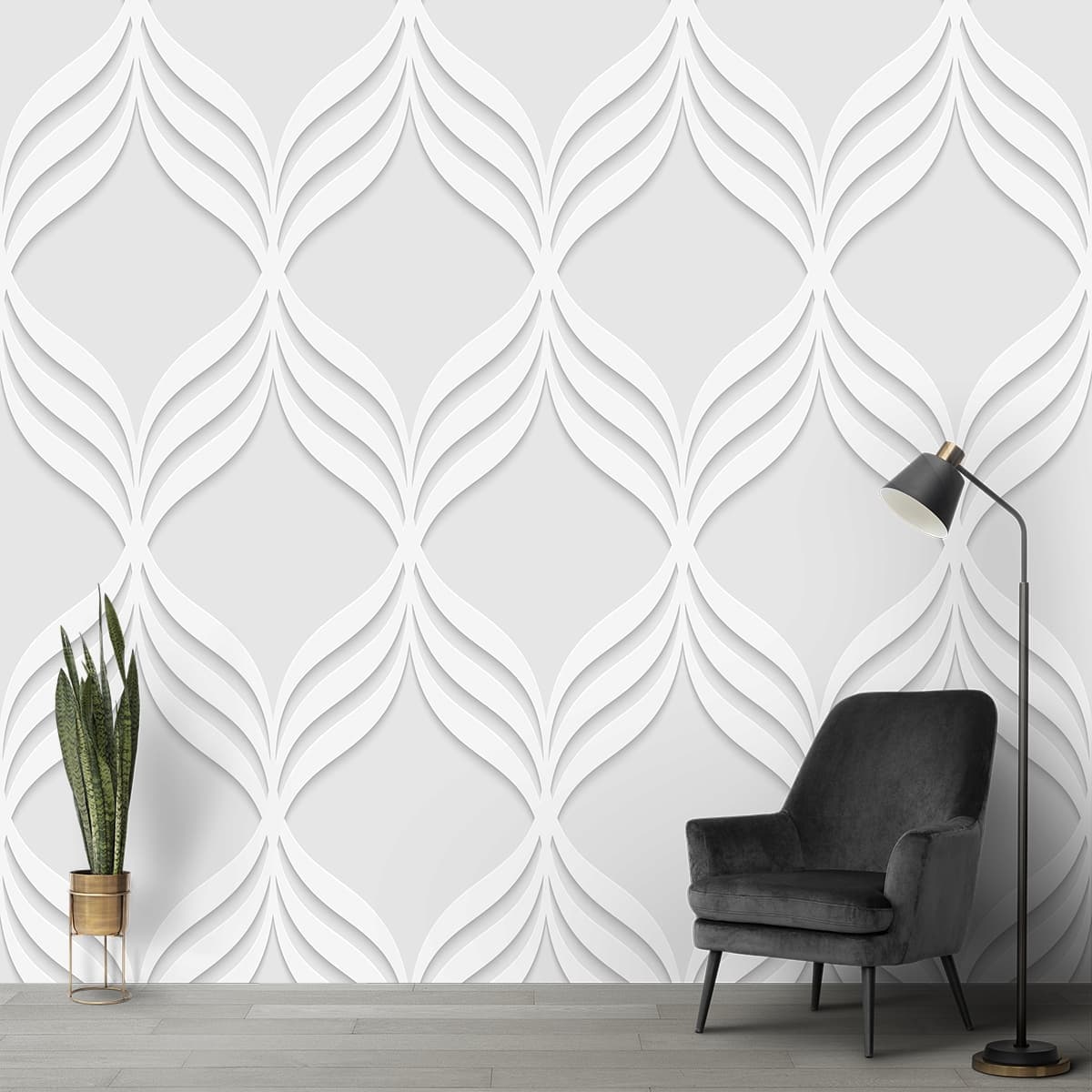 Monochrome White Shadow Pattern Modern Wallpaper shown in a room