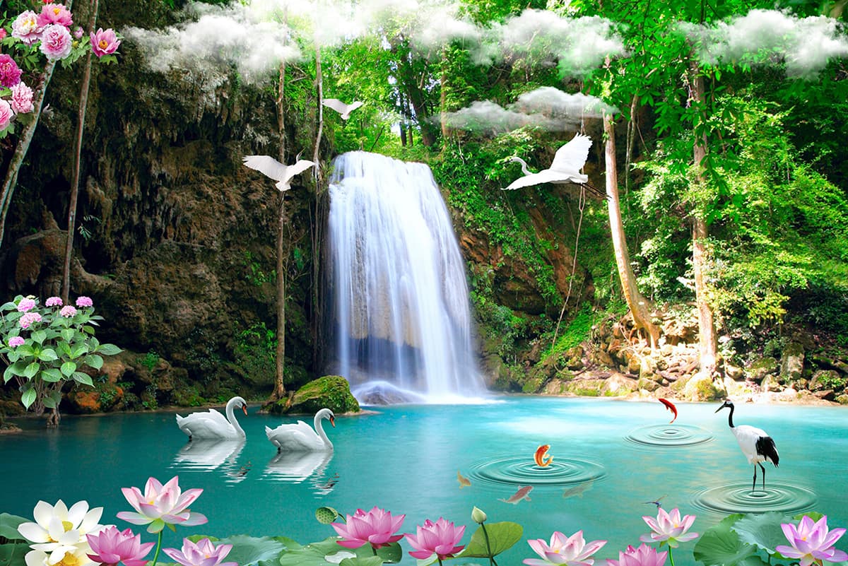 Calm waterfall with birds and colorful flowers wallpaper pattern detail