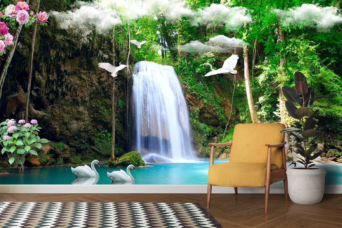 Calm waterfall with birds and colorful flowers wallpaper shown in a room