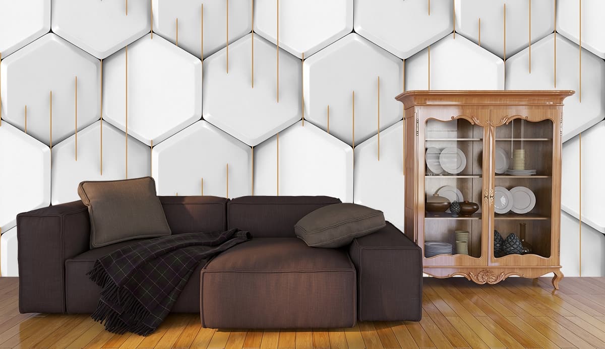 Orange Pin Hexagon Pattern Geometric Wallpaper shown in a room
