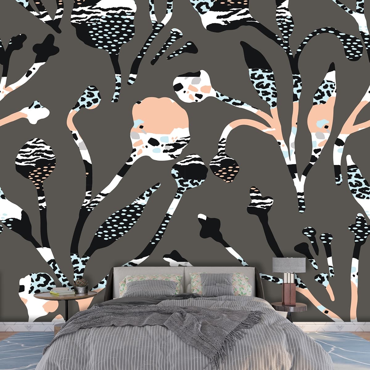 An Abstract Wallpaper Pattern of Flowers and Leaves shown in a room