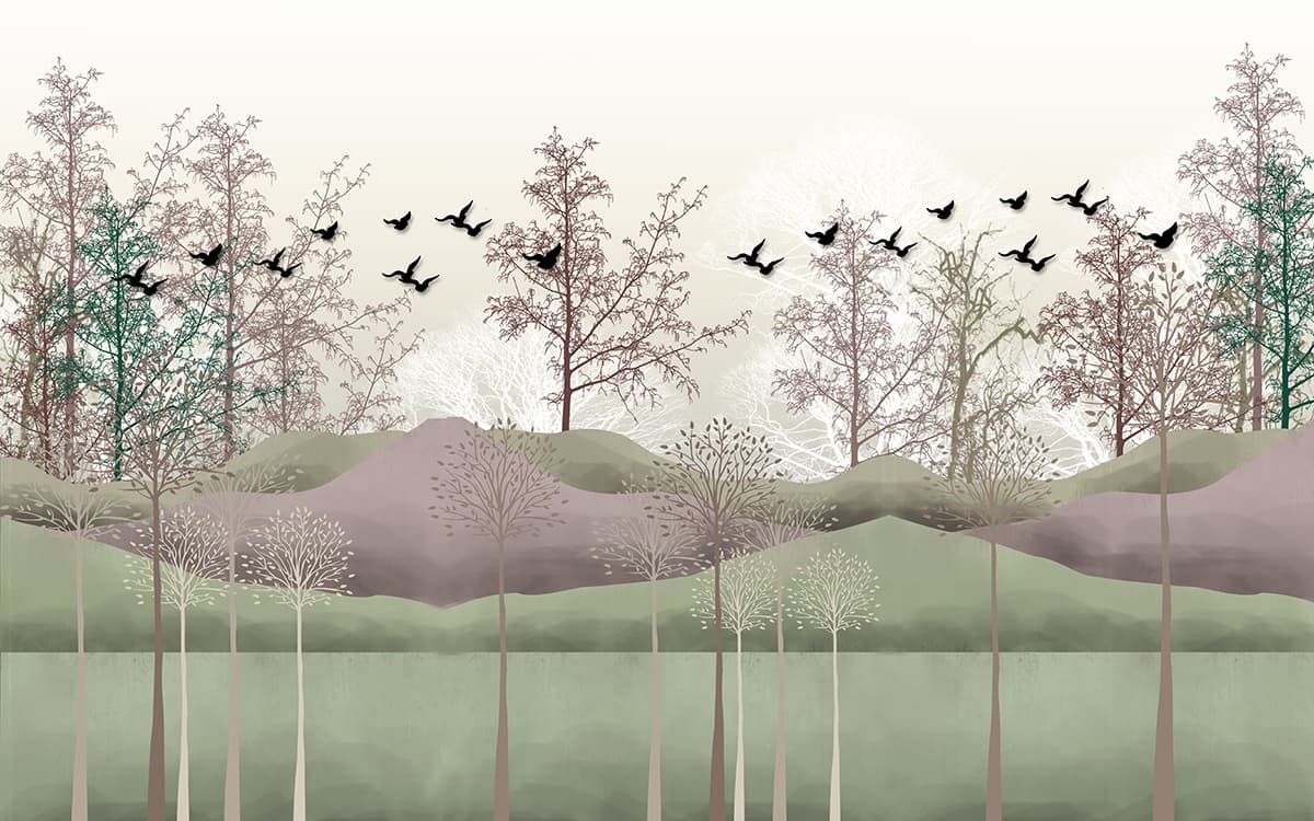 Landscape with Trees and Flying Birds Scene wallpaper pattern detail