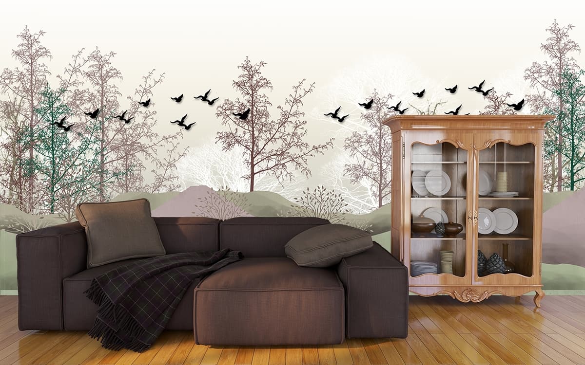 Landscape with Trees and Flying Birds Scene wallpaper shown in a room