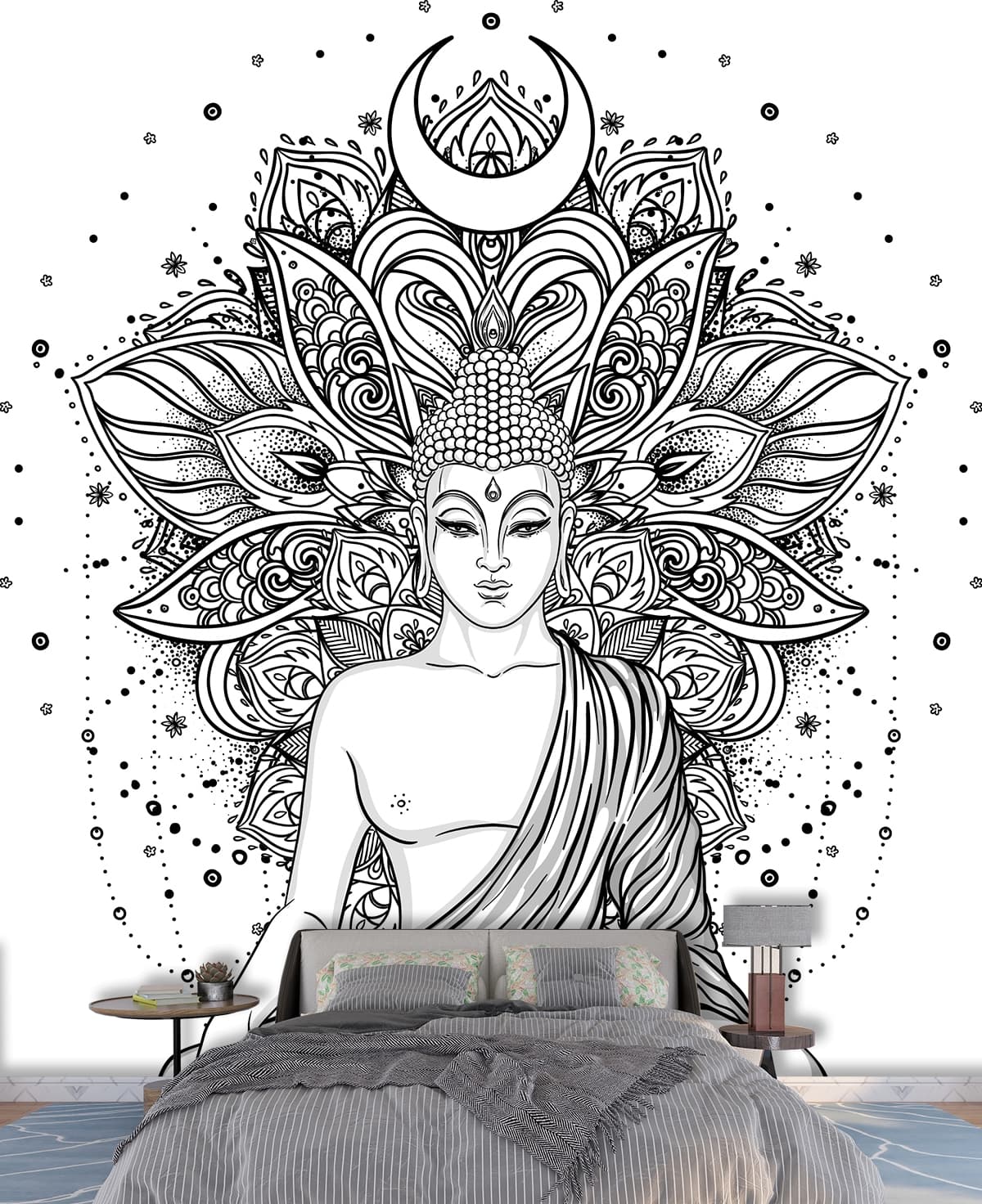Black and White Wallpaper of Buddha shown in a room