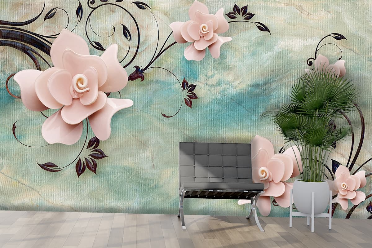 Royal Pink Flower and leaves wallpaper shown in a room
