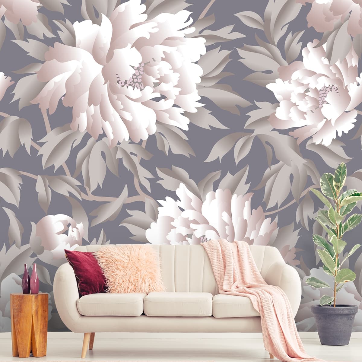 A Pattern of White Flowers and Leaves shown in a room