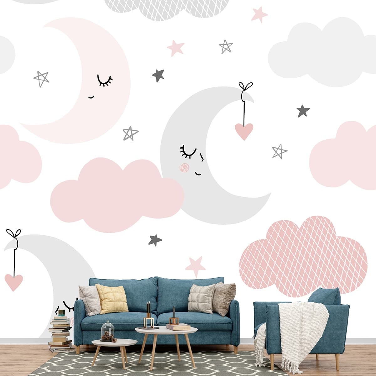 Pastel Moonlight Baby Room Mural shown in a room