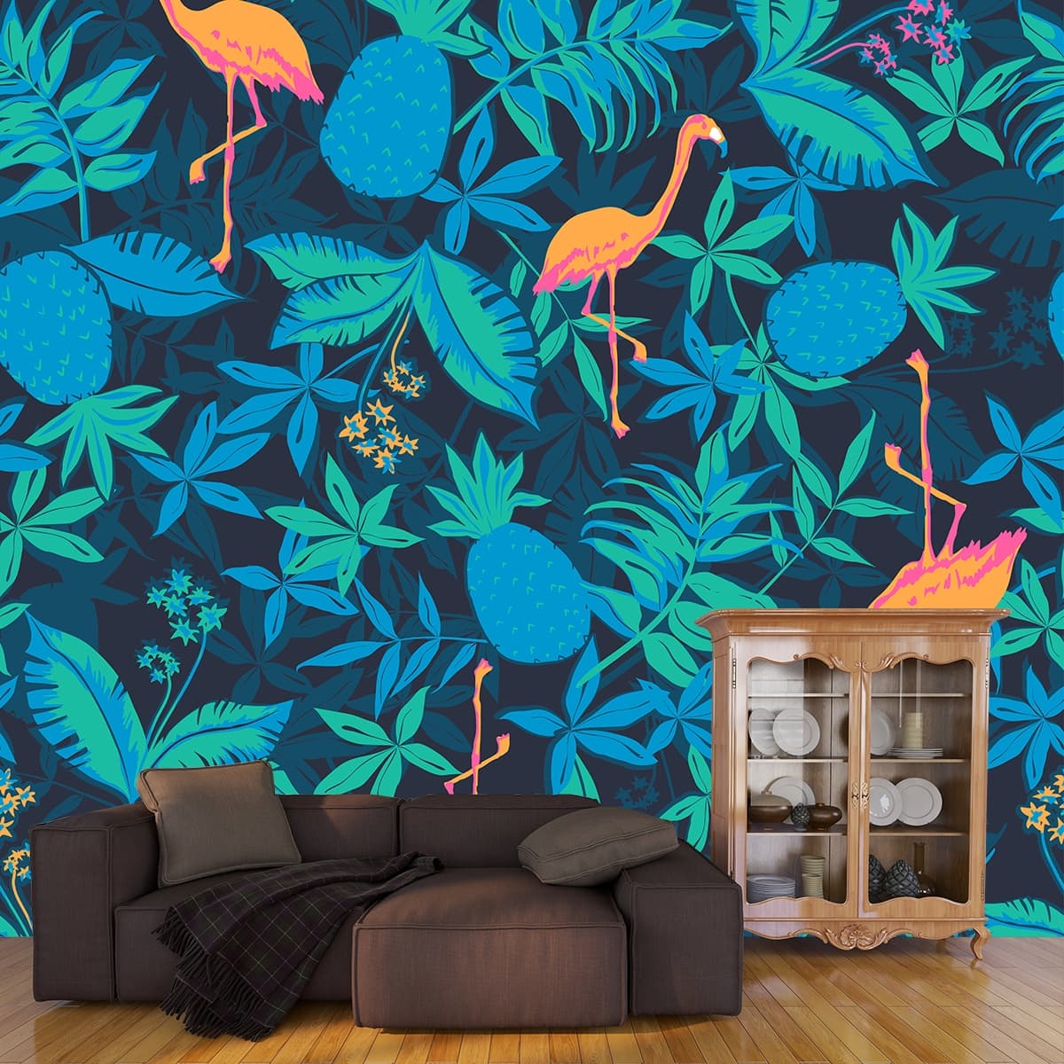 Flamingo Nights Botanical Mural shown in a room