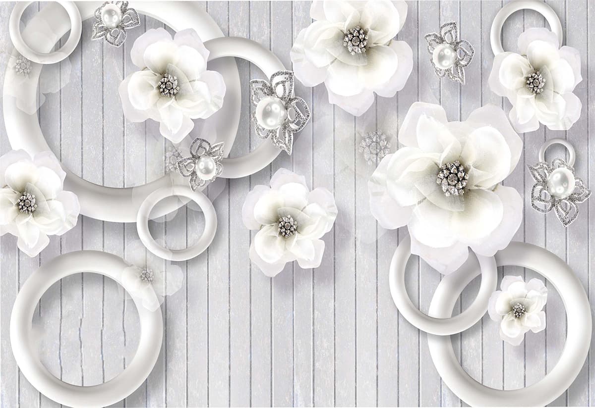 A wallpaper with white flowers and rings pattern detail