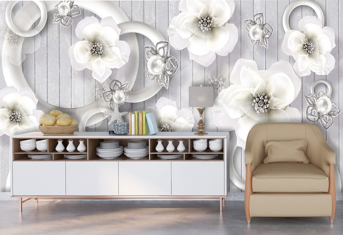 A wallpaper with white flowers and rings shown in a room