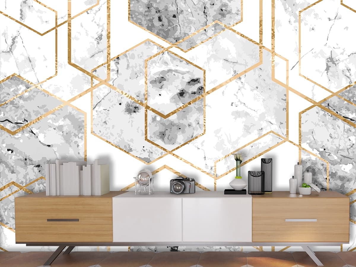 Marble and Gold Hexagon Geometric Luxury Interior wallpaper shown in a room
