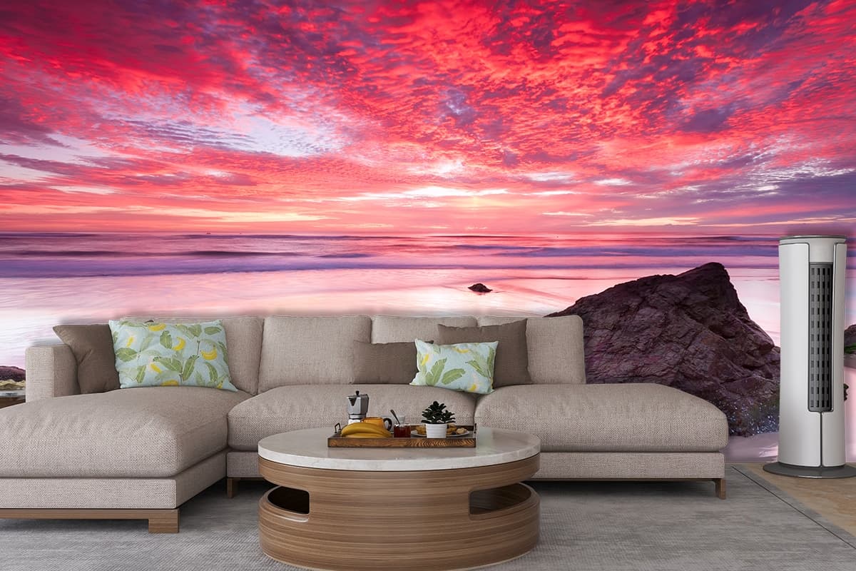 Serene Beach Rocks Coastal Nature View Wallpaper shown in a room